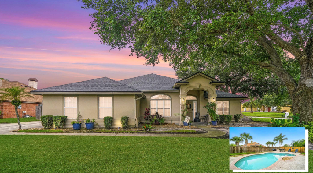 A charming single-story house with a landscaped front yard, featuring decorative blue pots and greenery, set against a colorful sunset sky. An inset image shows a swimming pool surrounded by palm trees.